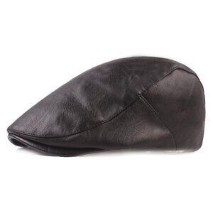 Black Mens Faux Leather Newsboy Ivy Flat Cap Driver Hat Vintage Golf Cabby Style